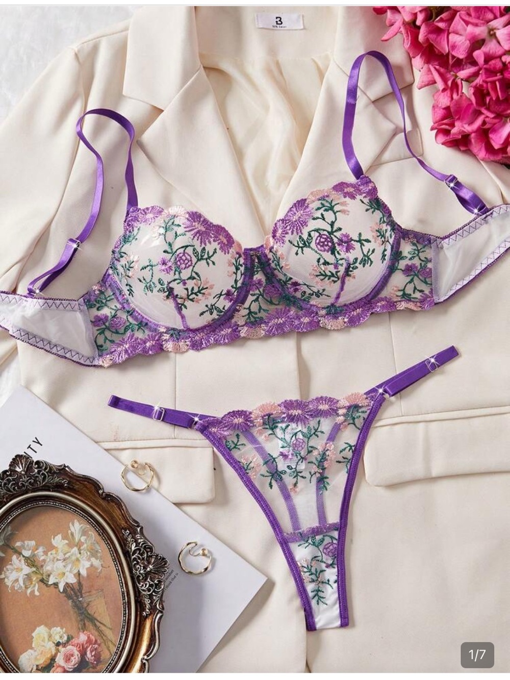 Elegant Floral Lace Bra & Thong Set - Purple Embroidered